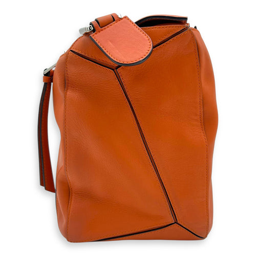 Puzzle Top Handle Bag Medium Orange in Calfskin, Silver hardware