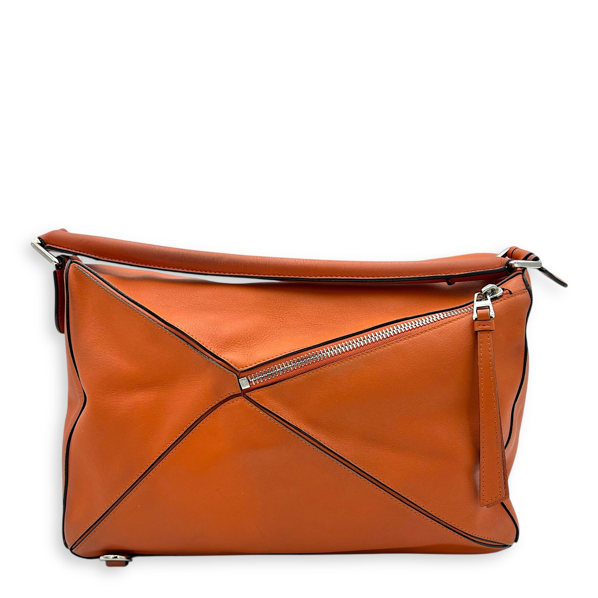Puzzle Top Handle Bag Medium Orange in Calfskin, Silver hardware