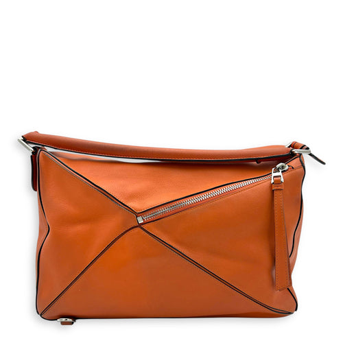 Puzzle Top Handle Bag Medium Orange in Calfskin, Silver hardware