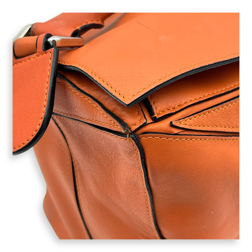 Puzzle Top Handle Bag Medium Orange in Calfskin, Silver hardware