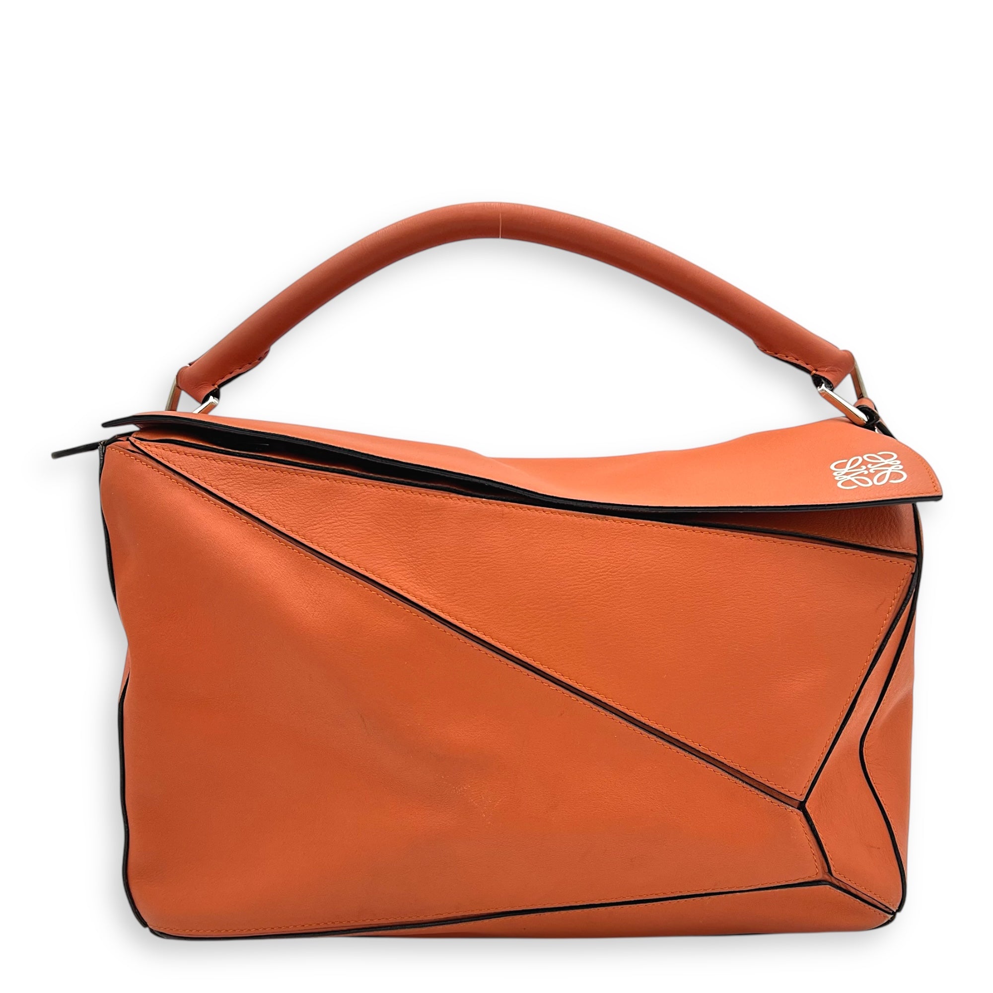 Puzzle Top Handle Bag Medium Orange in Calfskin, Silver hardware