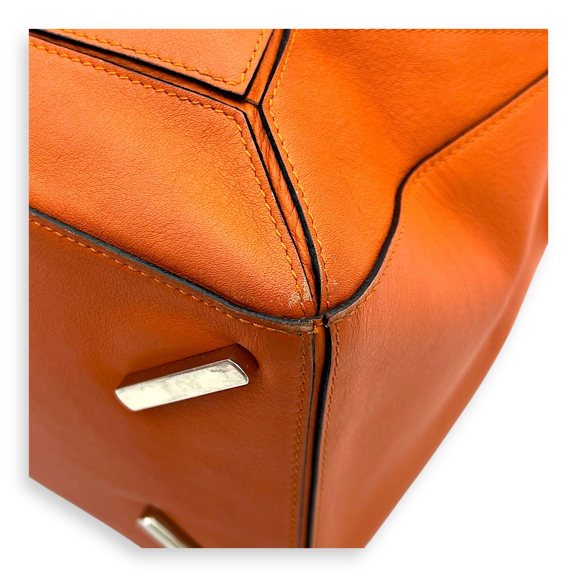 Puzzle Top Handle Bag Medium Orange in Calfskin, Silver hardware