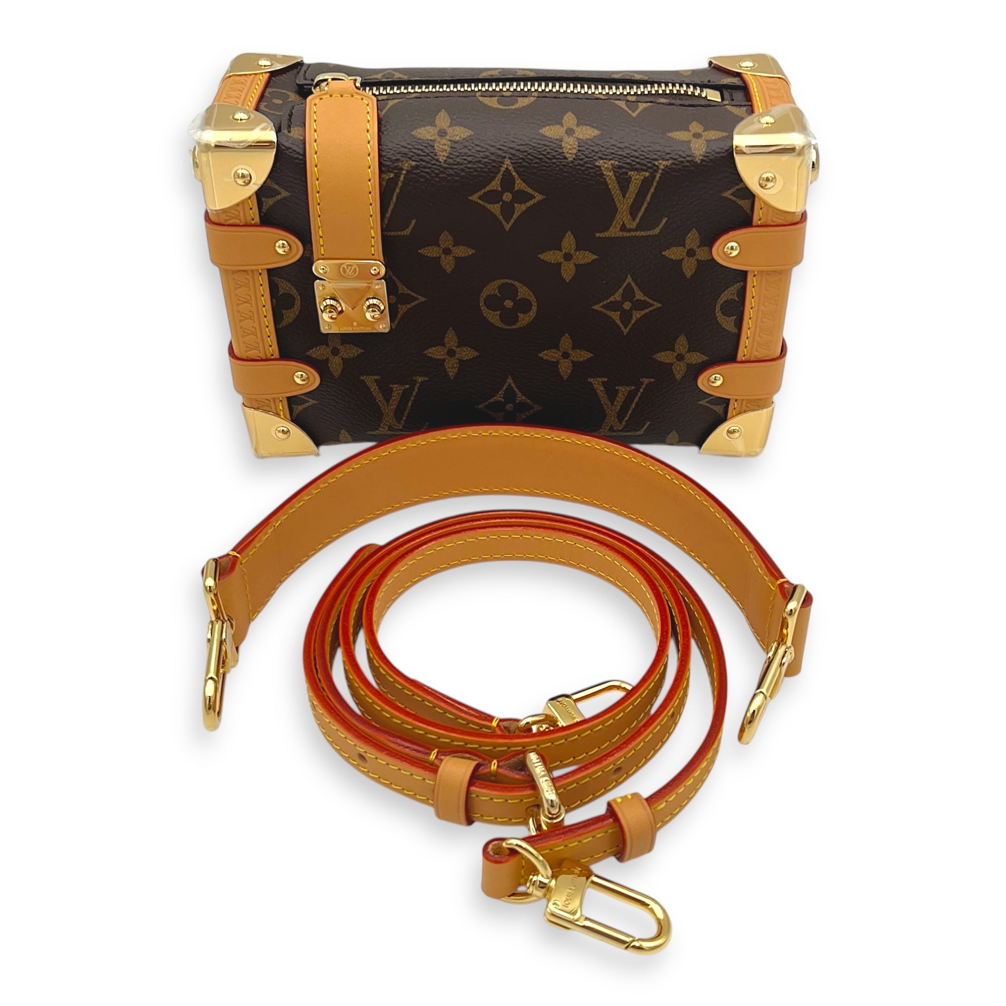 Side Trunk Shoulder Bag Brown in Monogram Coated Canvas, Gold hardware