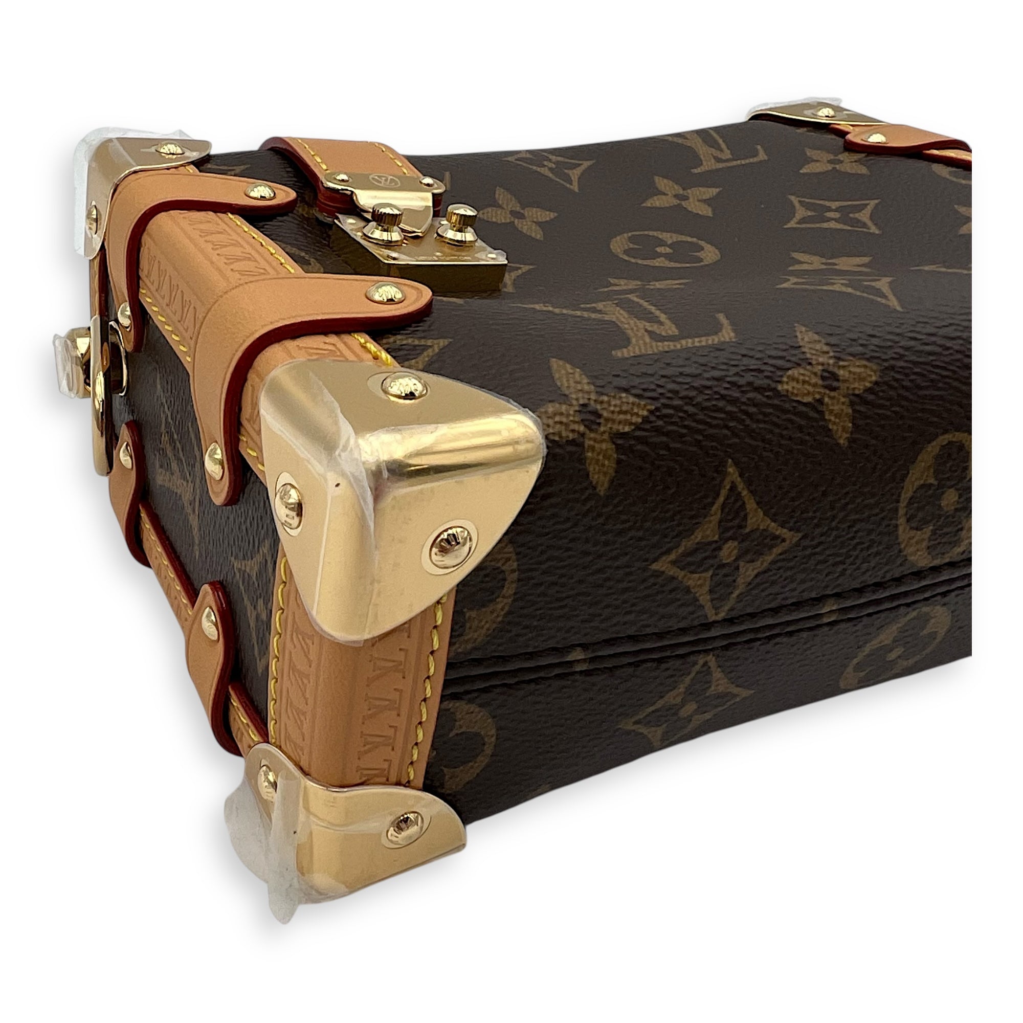 Side Trunk Shoulder Bag Brown in Monogram Coated Canvas, Gold hardware