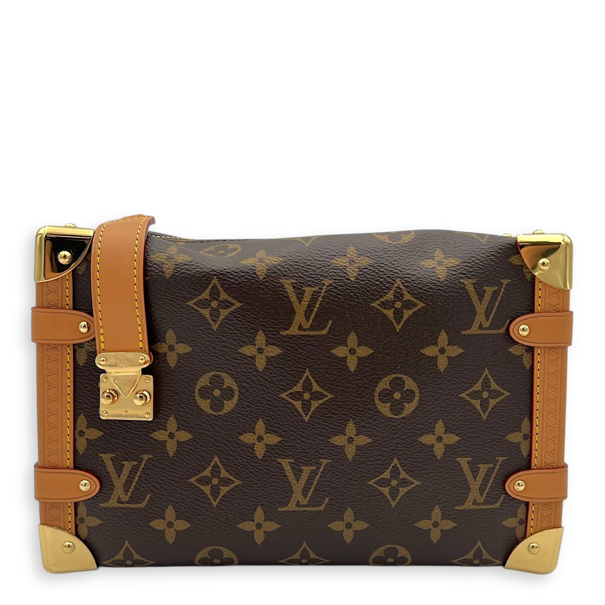 Side Trunk Shoulder Bag Brown in Monogram Coated Canvas, Gold hardware