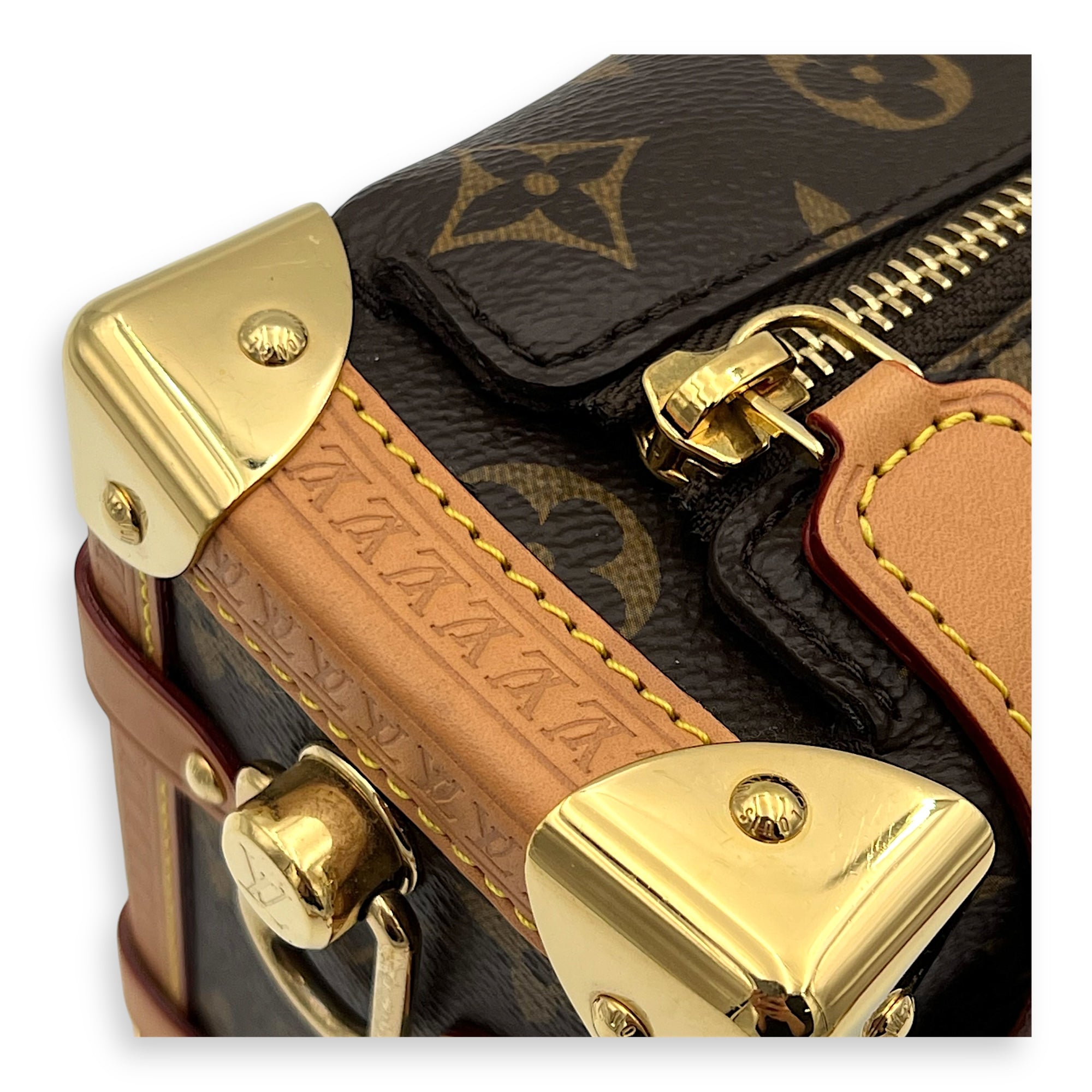 Side Trunk Shoulder Bag Brown in Monogram Coated Canvas, Gold hardware