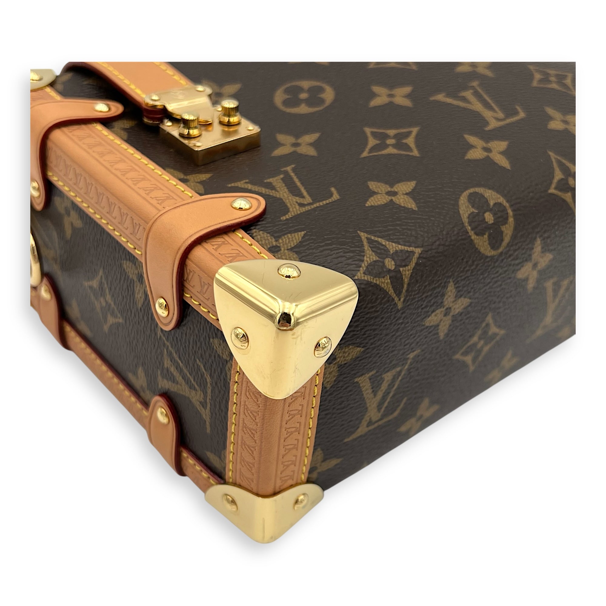 Side Trunk Shoulder Bag Brown in Monogram Coated Canvas, Gold hardware