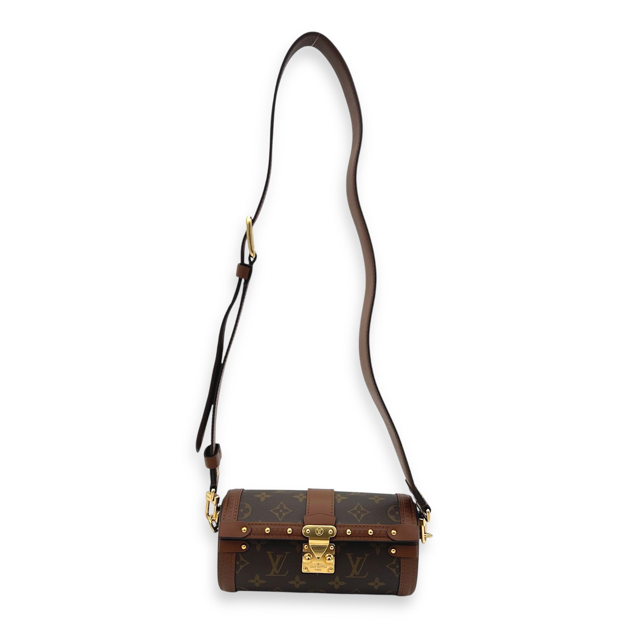 Papillon Trunk Shoulder Bag Brown in Monogram Coated Canvas, Gold hardware