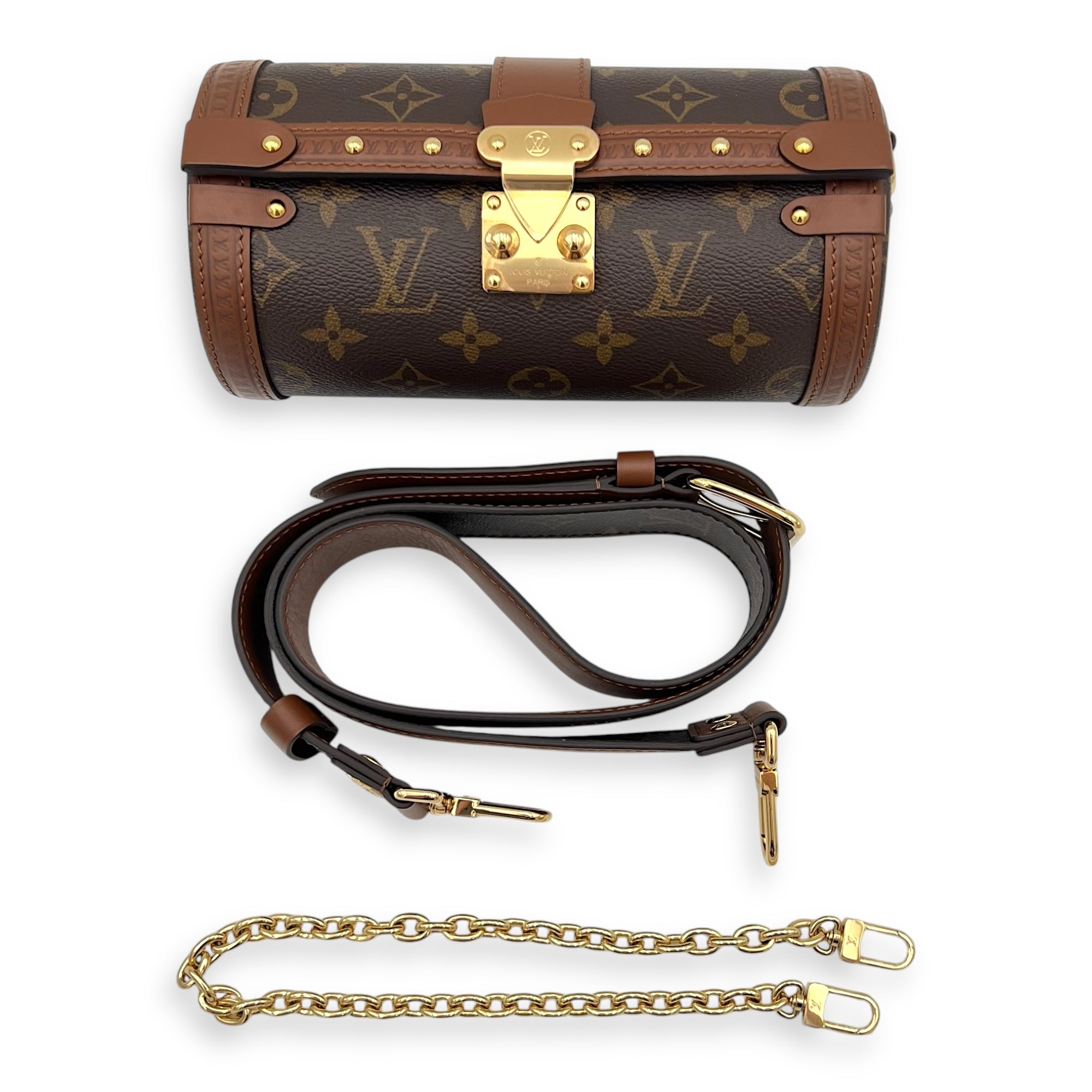 Papillon Trunk Shoulder Bag Brown in Monogram Coated Canvas, Gold hardware