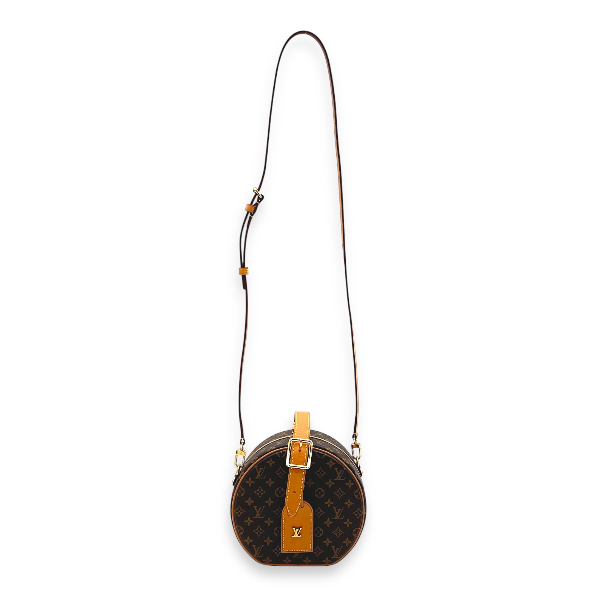 Petite Boite Chapeau Shoulder Bag Brown in Monogram Coated Canvas, Gold hardware