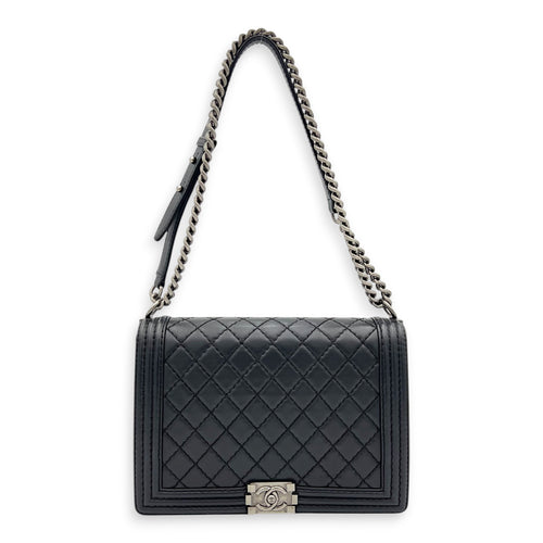 Boy Shoulder Bag Medium Black in Calfskin, Ruthenium hardware