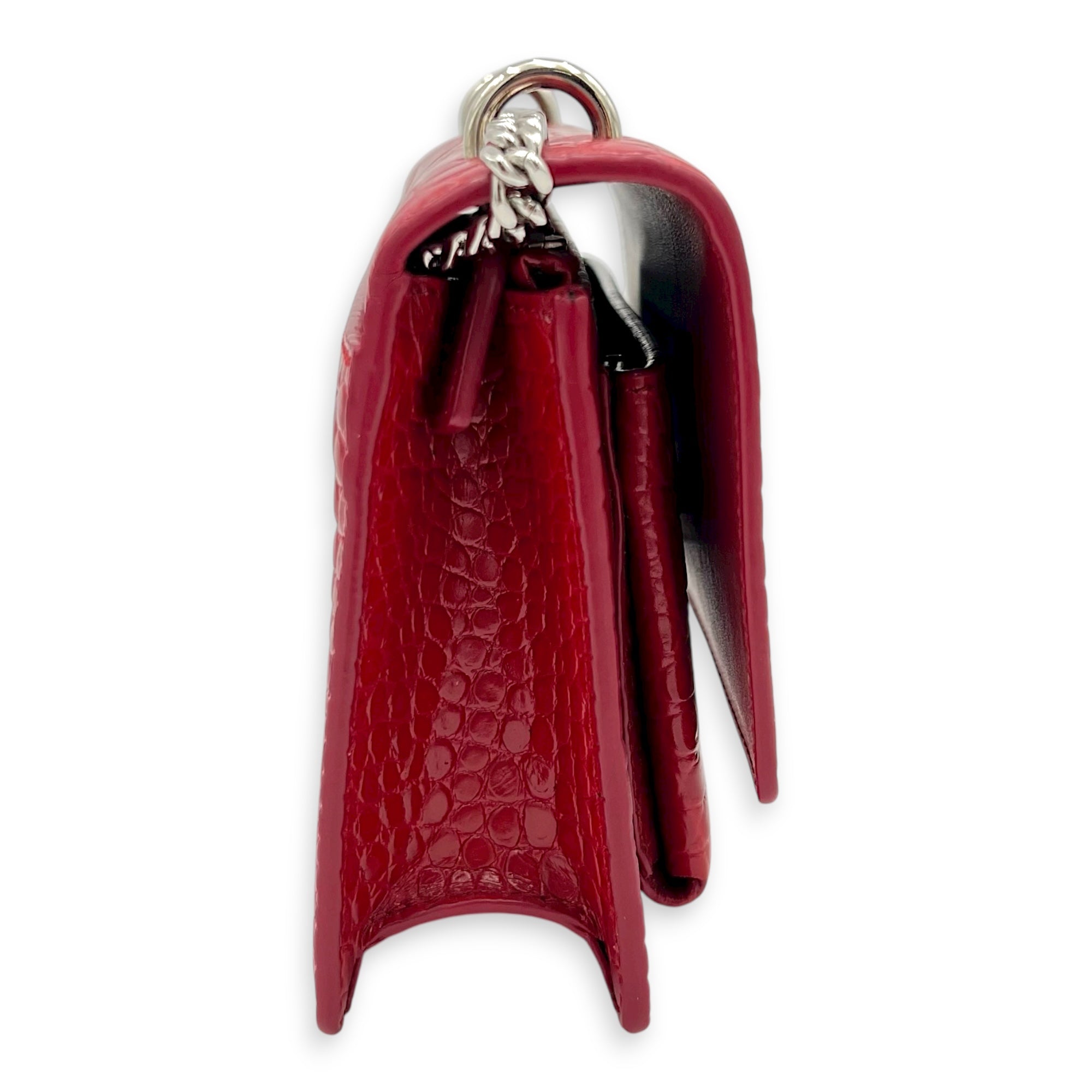 Sunset Wallet On Chain Red in Crocodile Embossed Calfskin, Silver hardware