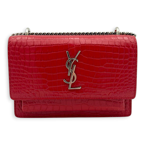 Sunset Wallet On Chain Red in Crocodile Embossed Calfskin, Silver hardware