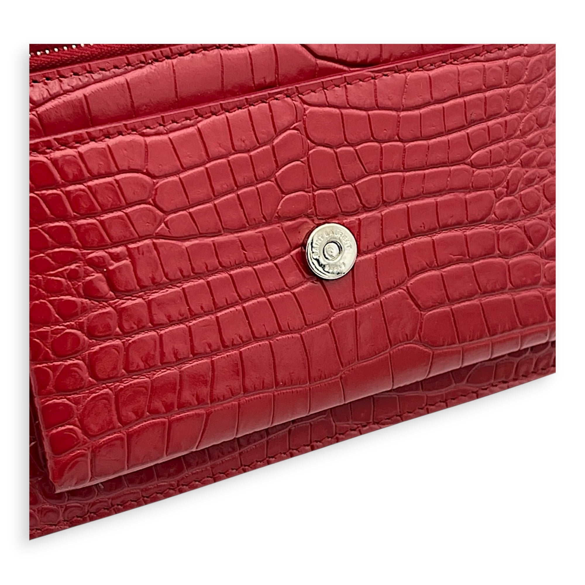 Sunset Wallet On Chain Red in Crocodile Embossed Calfskin, Silver hardware