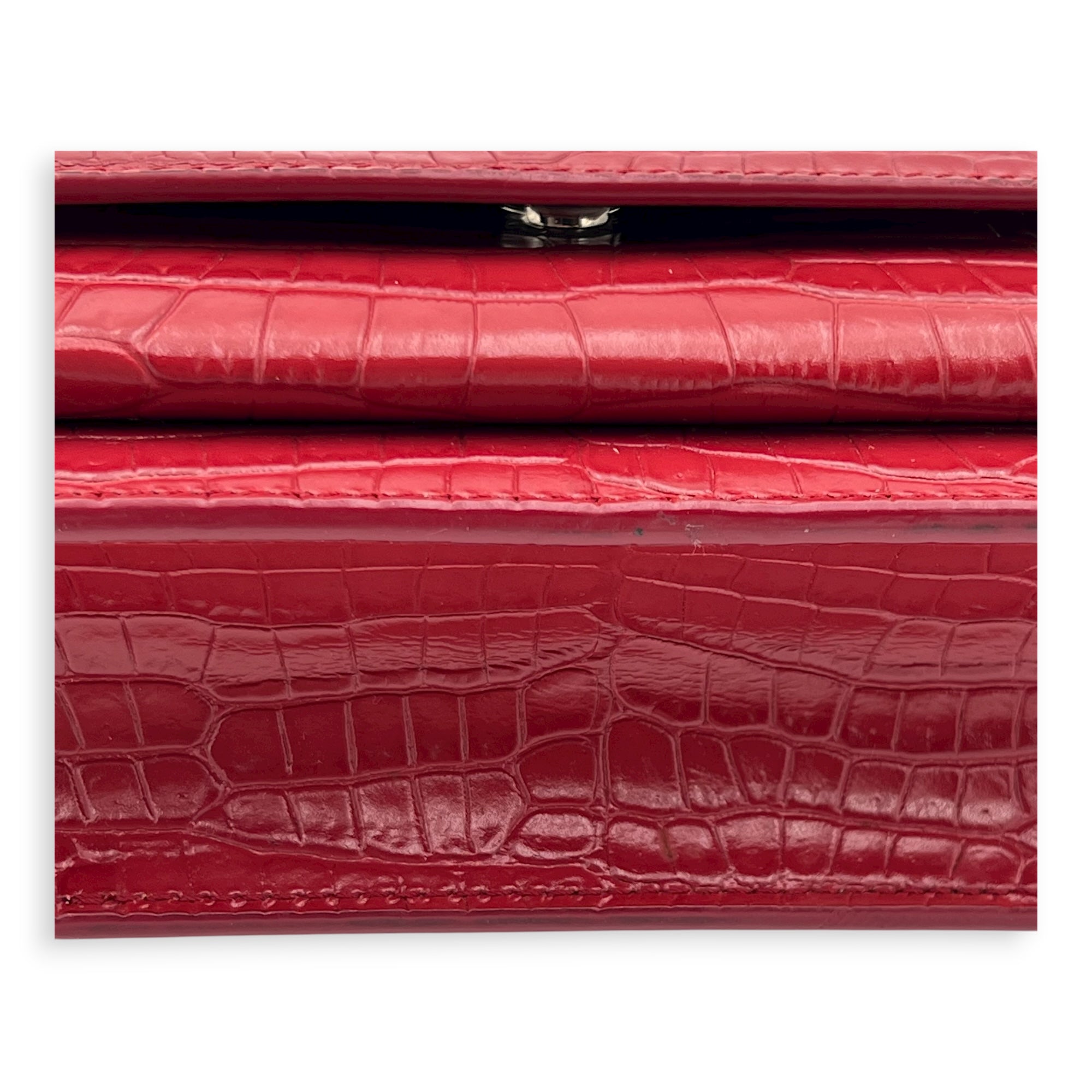 Sunset Wallet On Chain Red in Crocodile Embossed Calfskin, Silver hardware
