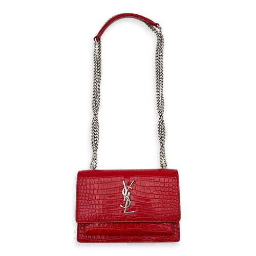 Sunset Wallet On Chain Red in Crocodile Embossed Calfskin, Silver hardware