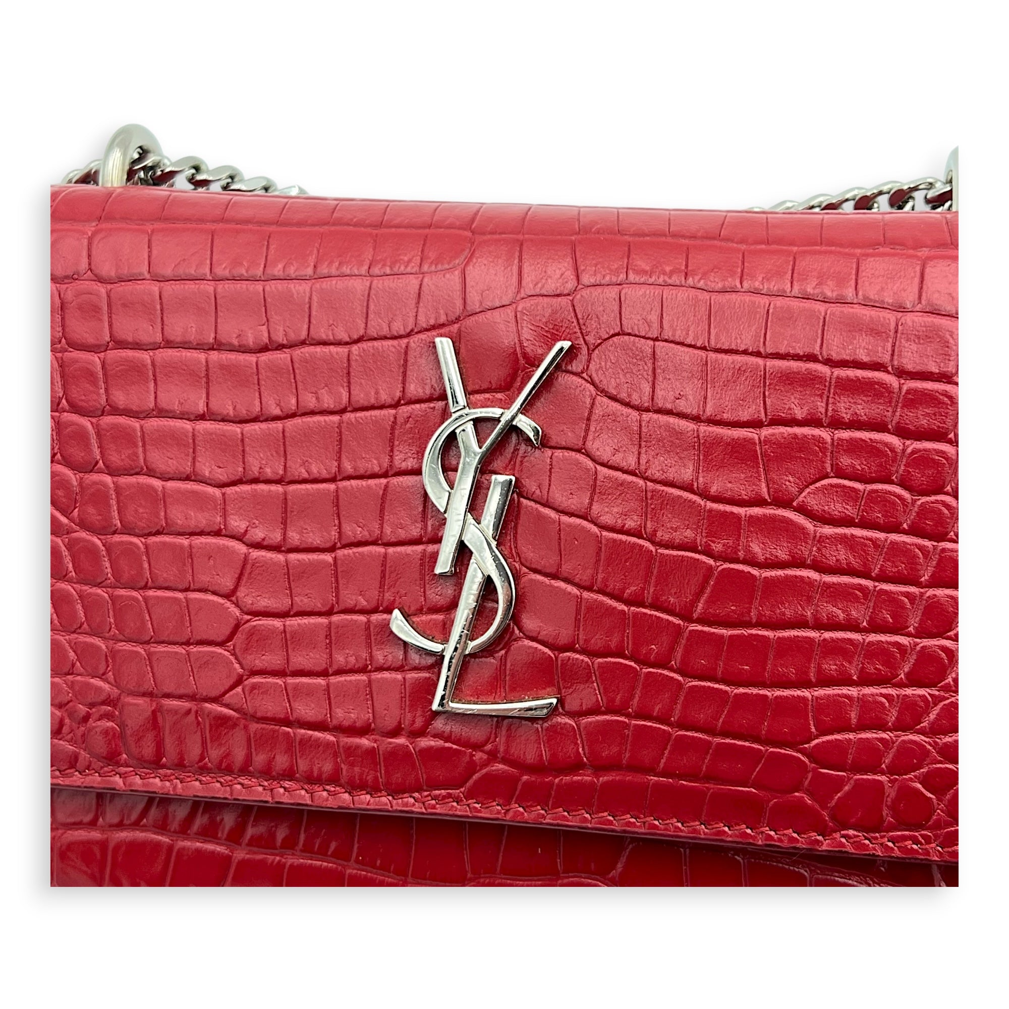 Sunset Wallet On Chain Red in Crocodile Embossed Calfskin, Silver hardware