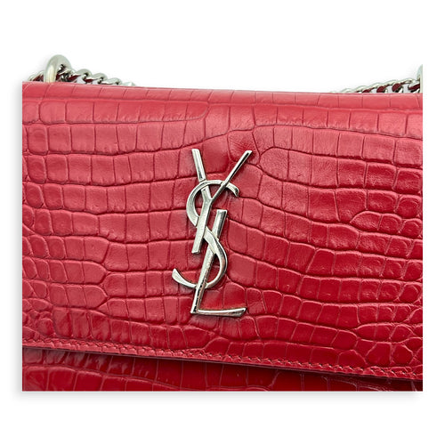 Sunset Wallet On Chain Red in Crocodile Embossed Calfskin, Silver hardware