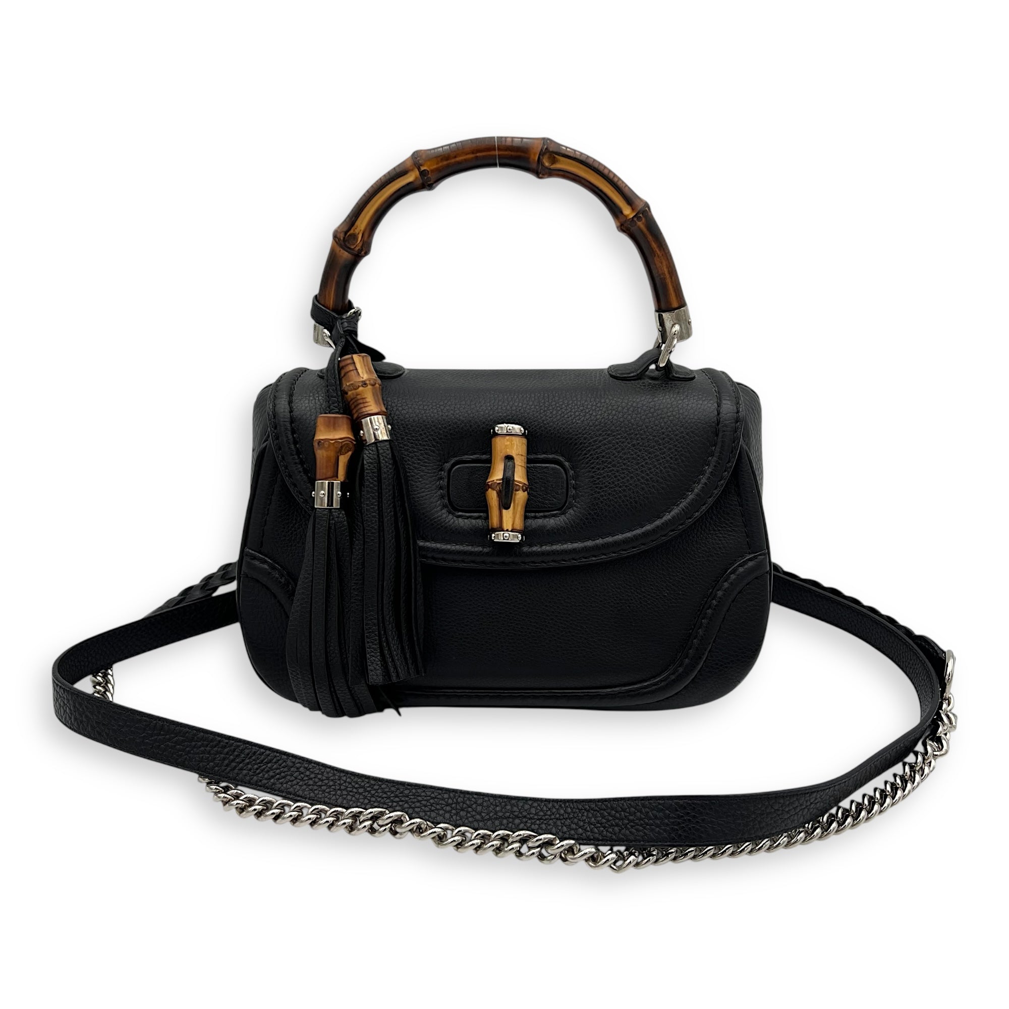 Bamboo Top Handle Bag Black in Calfskin, Silver hardware