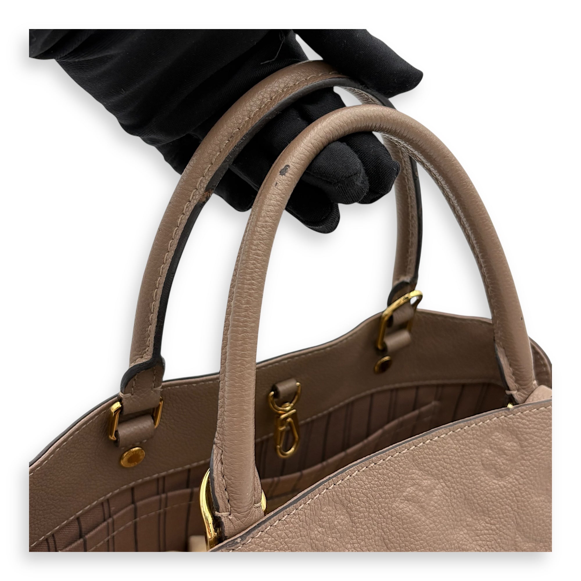 Montaigne Top Handle Bag MM Beige in Empreinte Leather, Gold hardware