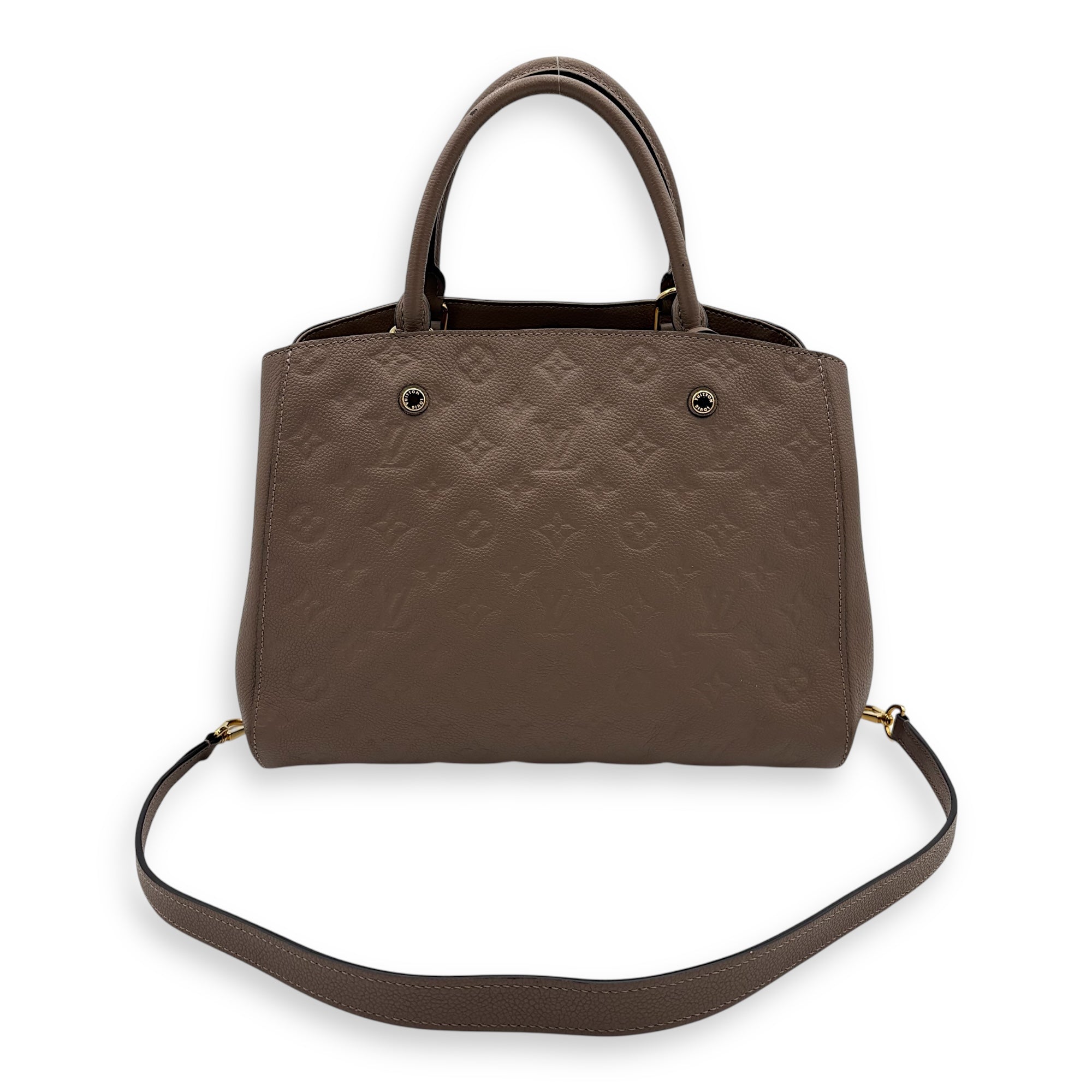 Montaigne Top Handle Bag MM Beige in Empreinte Leather, Gold hardware