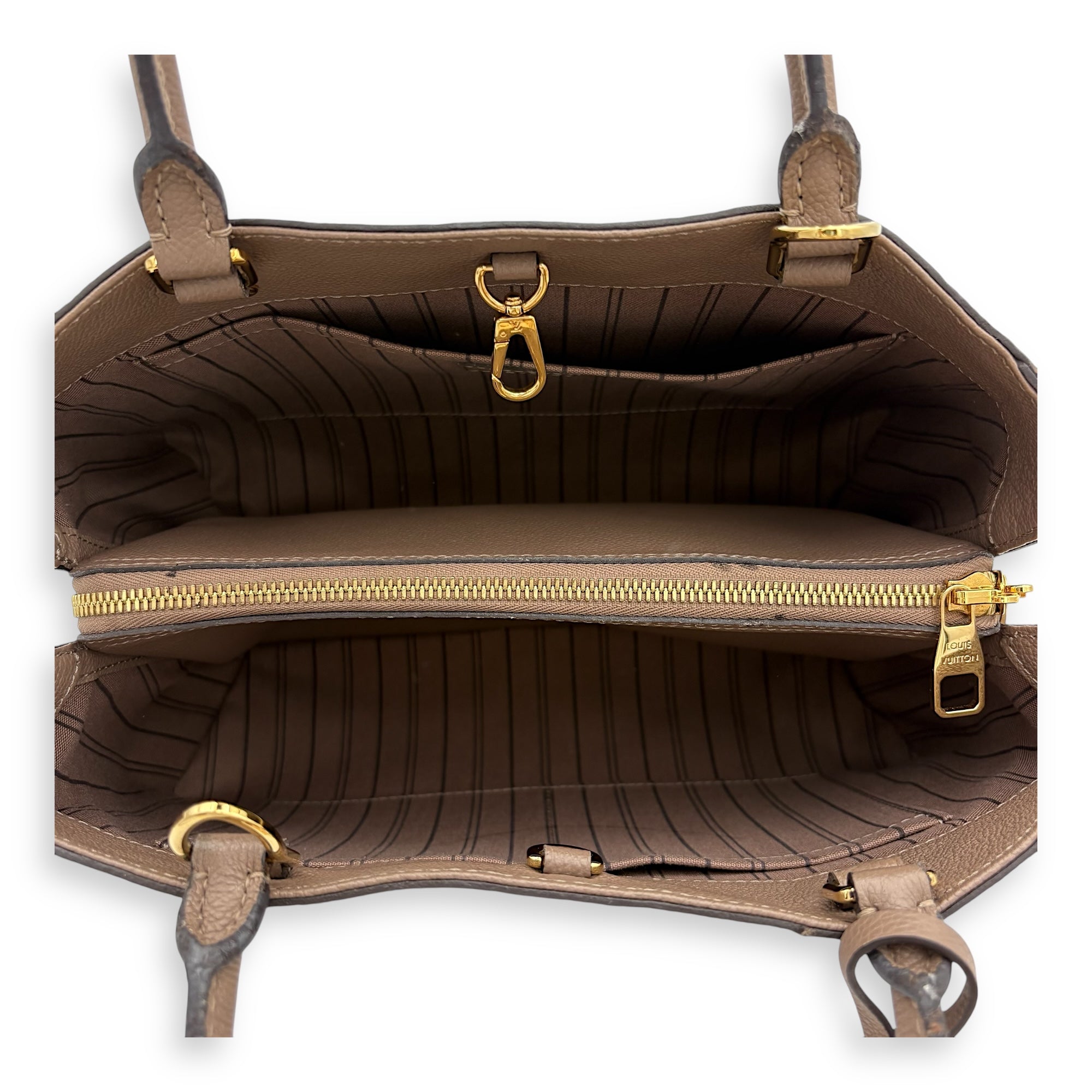 Montaigne Top Handle Bag MM Beige in Empreinte Leather, Gold hardware