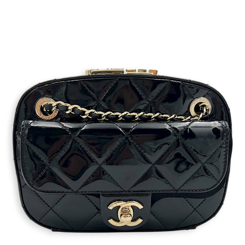 CC Seasonal Camera Shoulder Bag Black in Patent Leather, Gold hardware