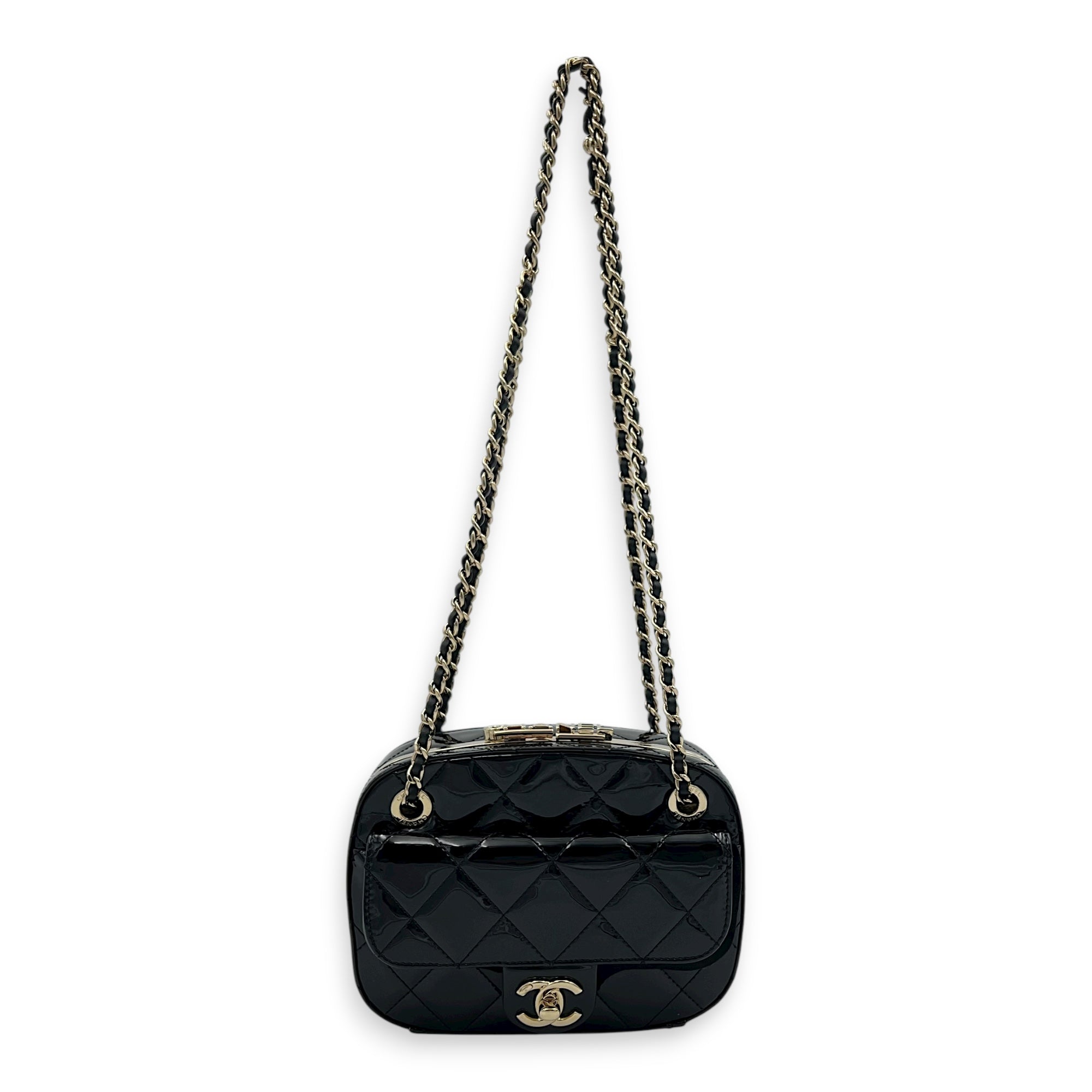 CC Seasonal Camera Shoulder Bag Black in Patent Leather, Gold hardware