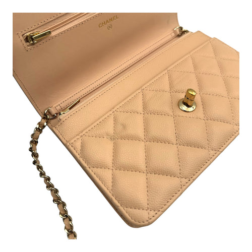 CC Bow Pink Wallet On Chain in Caviar Leather, Gold hardware