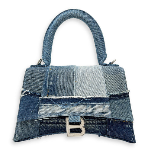 Hourglass Upcycled Patchwork Blue Top Handle Bag in Denim, Silver hardware