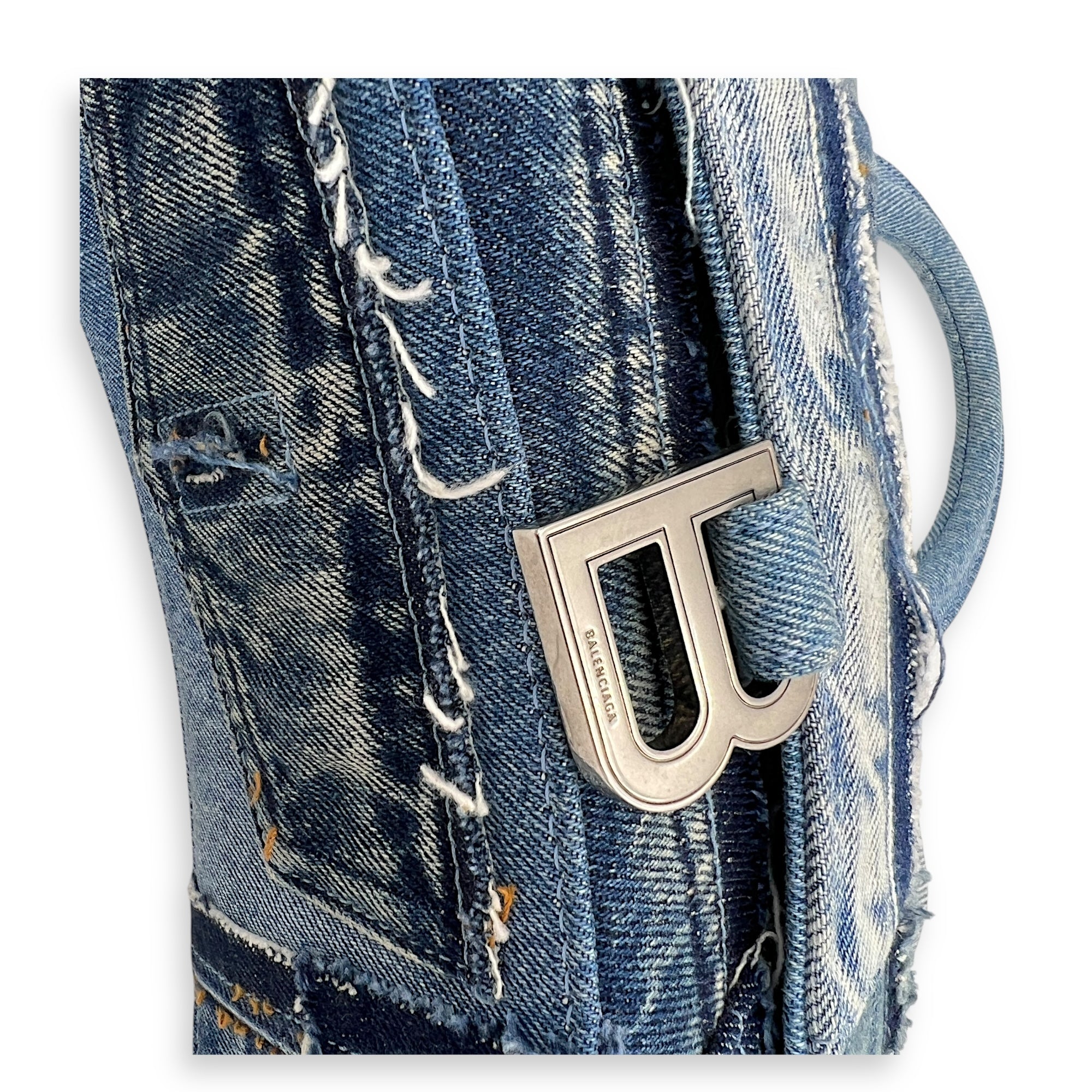 Hourglass Upcycled Patchwork Blue Top Handle Bag in Denim, Silver hardware