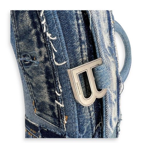 Hourglass Upcycled Patchwork Blue Top Handle Bag in Denim, Silver hardware