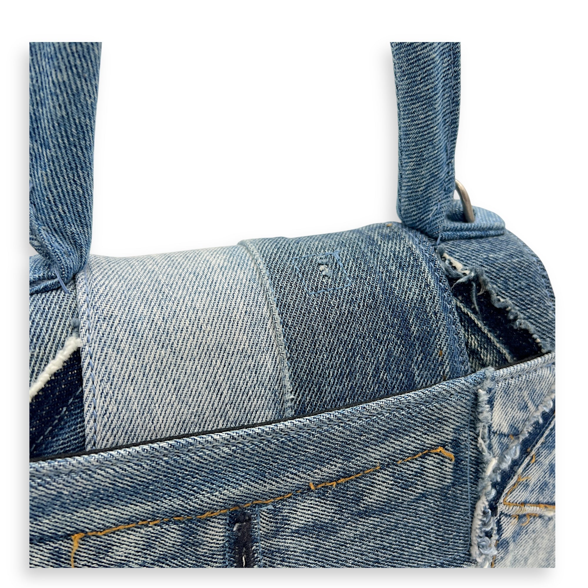 Hourglass Upcycled Patchwork Blue Top Handle Bag in Denim, Silver hardware