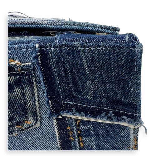 Hourglass Upcycled Patchwork Blue Top Handle Bag in Denim, Silver hardware