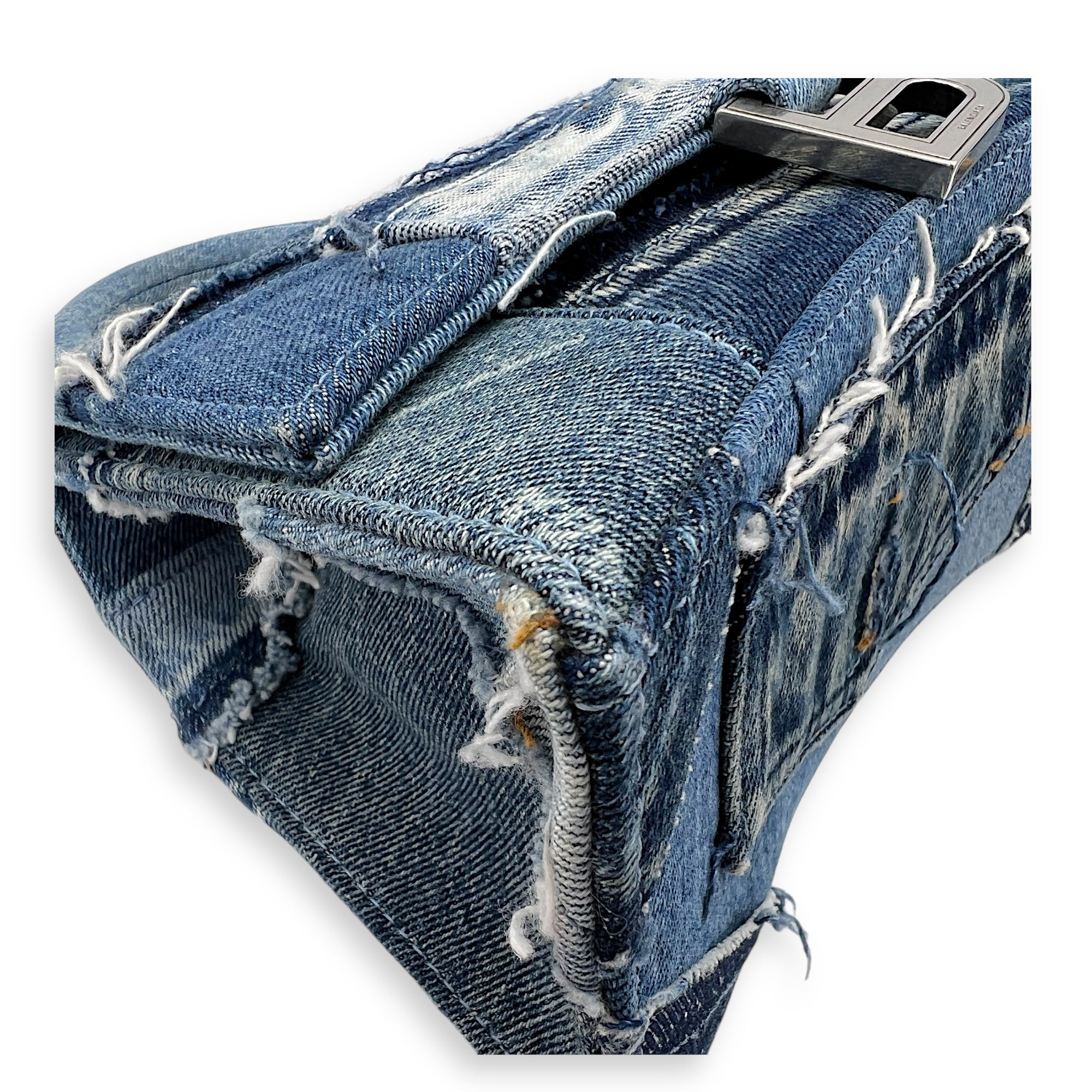 Hourglass Upcycled Patchwork Blue Top Handle Bag in Denim, Silver hardware