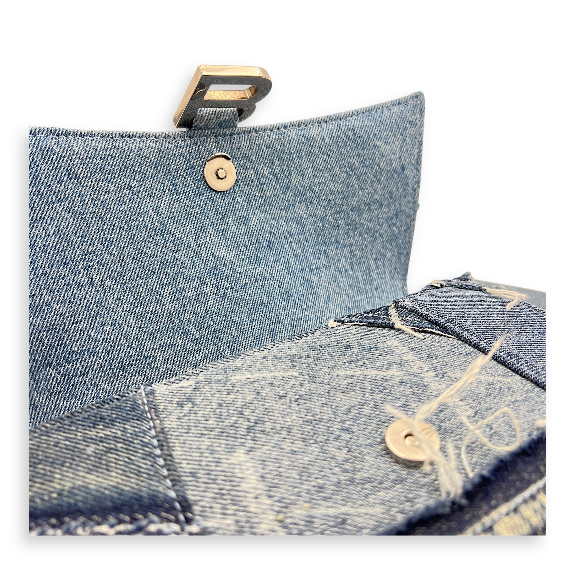 Hourglass Upcycled Patchwork Blue Top Handle Bag in Denim, Silver hardware