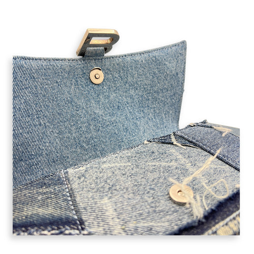 Hourglass Upcycled Patchwork Blue Top Handle Bag in Denim, Silver hardware