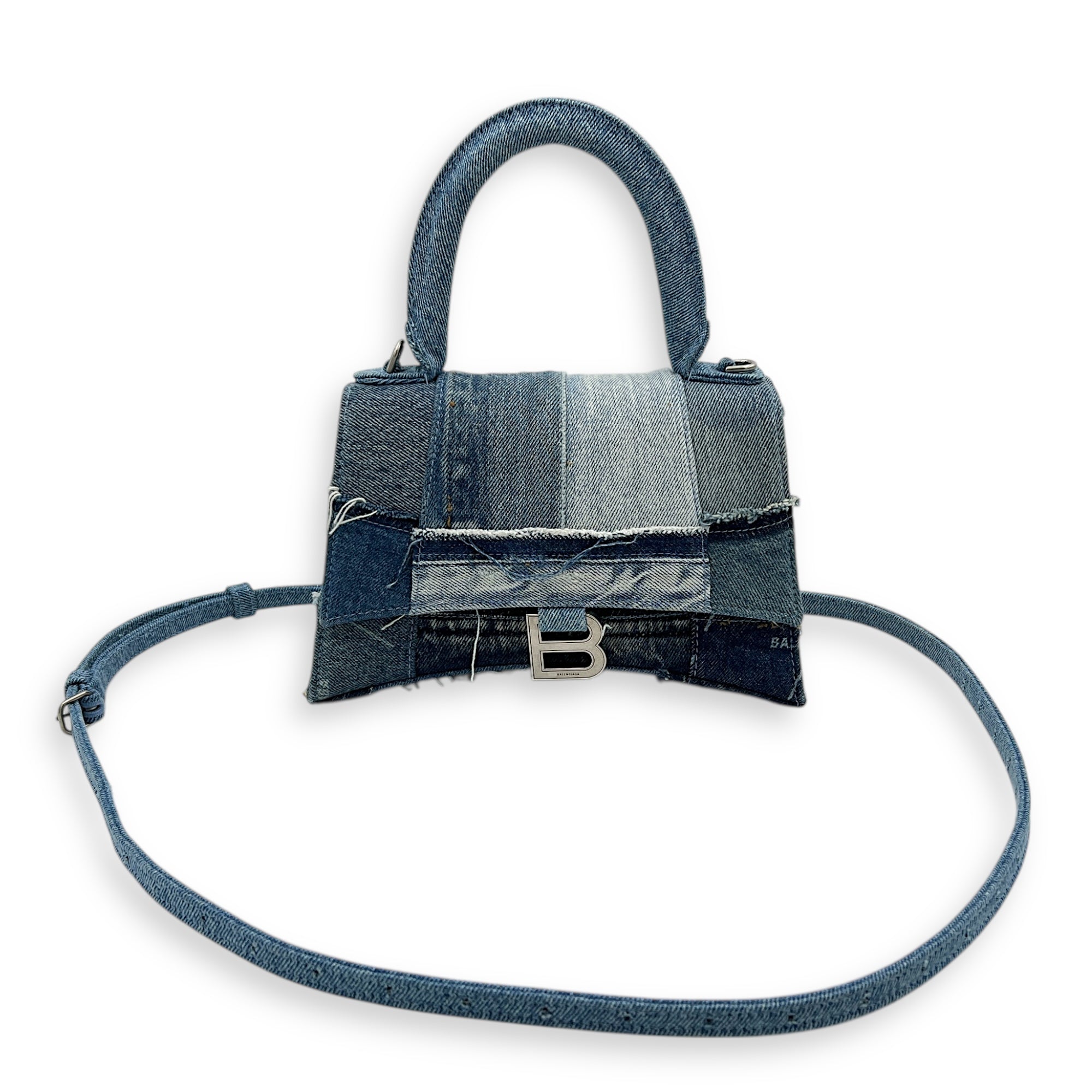 Hourglass Upcycled Patchwork Blue Top Handle Bag in Denim, Silver hardware