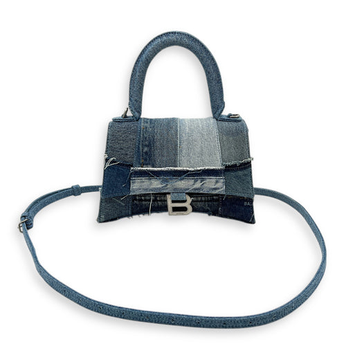 Hourglass Upcycled Patchwork Blue Top Handle Bag in Denim, Silver hardware