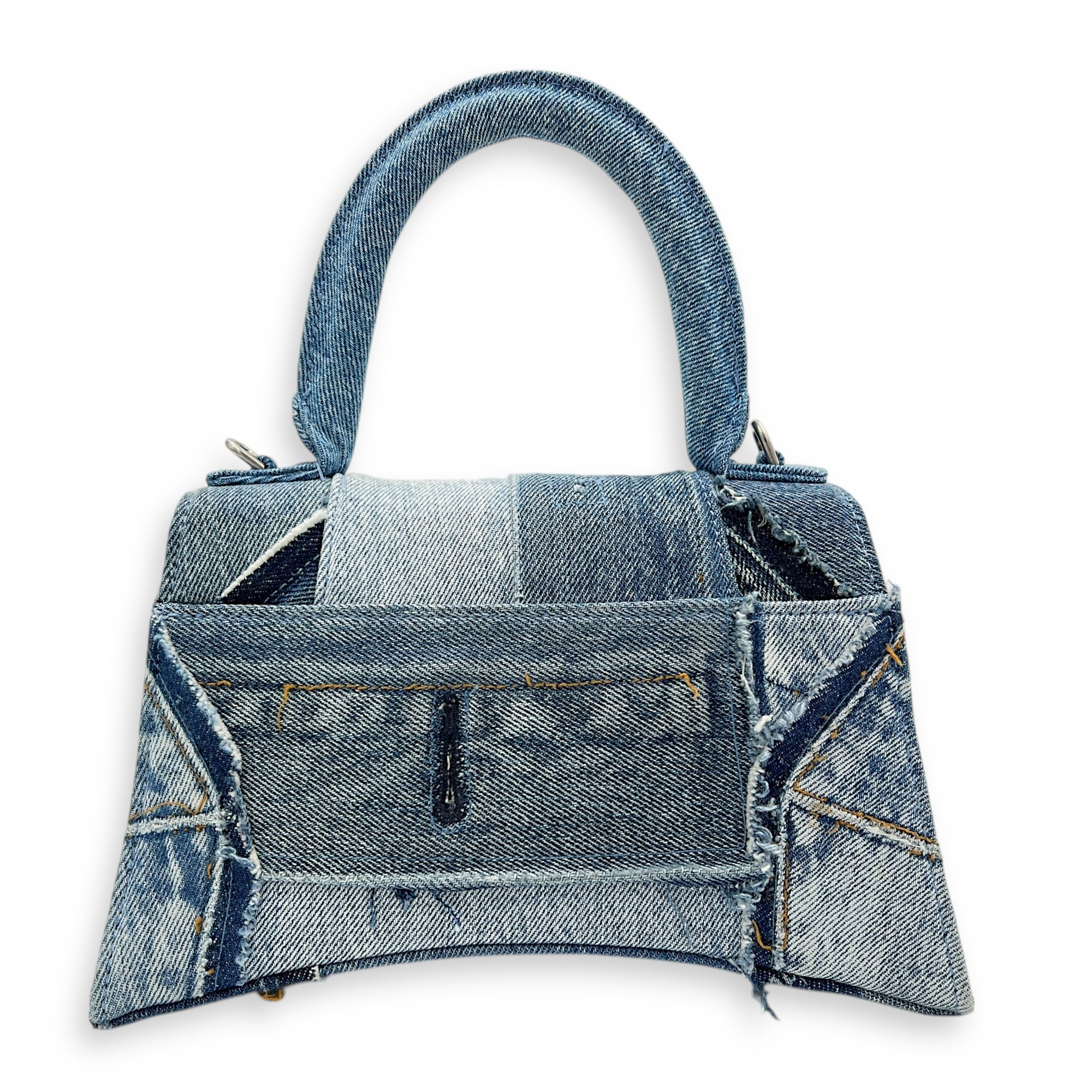 Hourglass Upcycled Patchwork Blue Top Handle Bag in Denim, Silver hardware