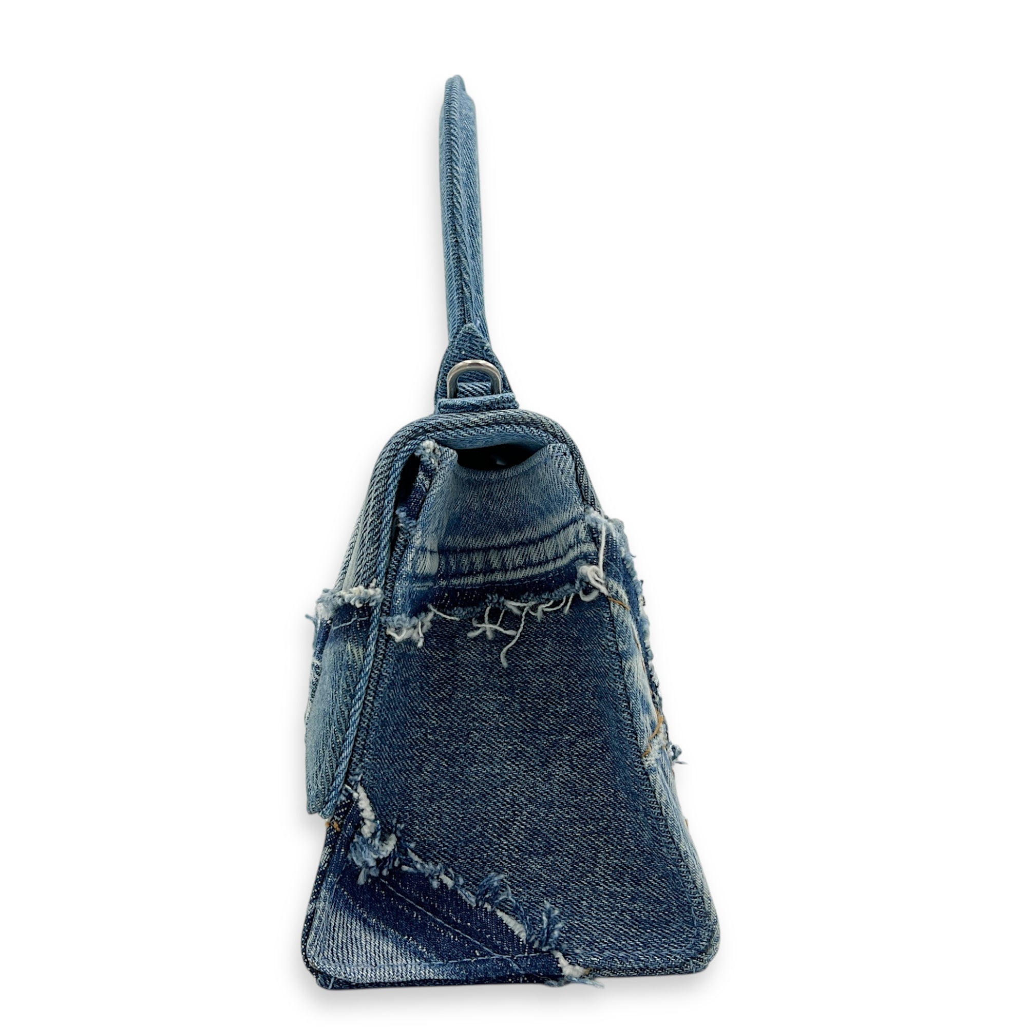Hourglass Upcycled Patchwork Blue Top Handle Bag in Denim, Silver hardware