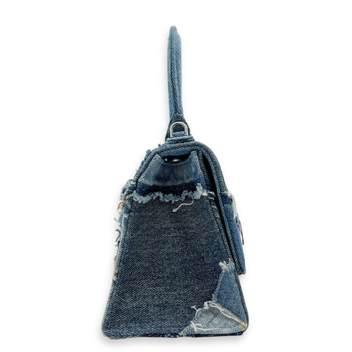Hourglass Upcycled Patchwork Blue Top Handle Bag in Denim, Silver hardware
