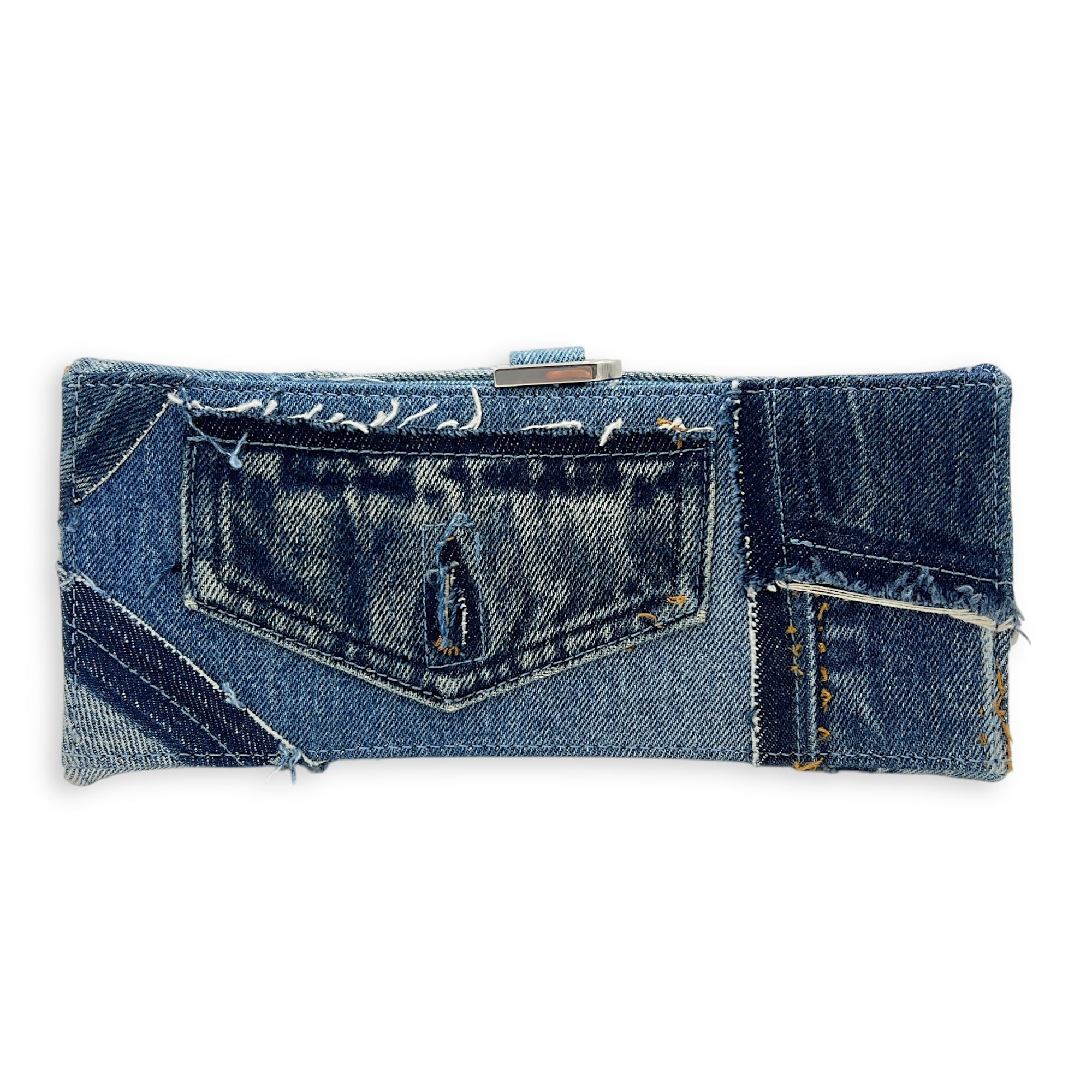 Hourglass Upcycled Patchwork Blue Top Handle Bag in Denim, Silver hardware