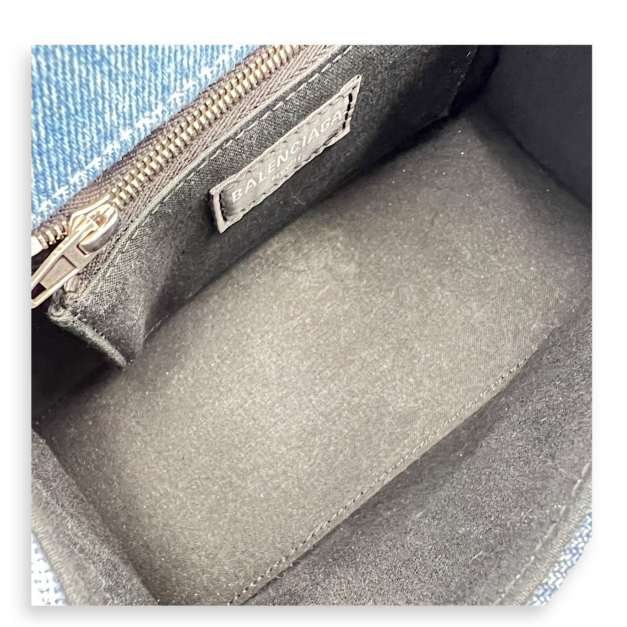 Hourglass Upcycled Patchwork Blue Top Handle Bag in Denim, Silver hardware