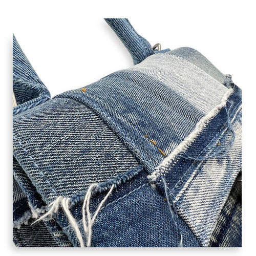 Hourglass Upcycled Patchwork Blue Top Handle Bag in Denim, Silver hardware