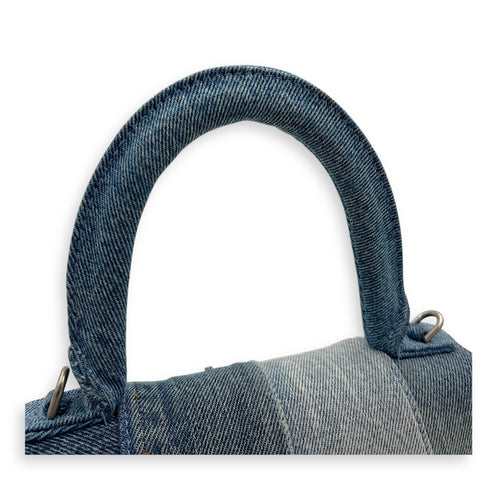 Hourglass Upcycled Patchwork Blue Top Handle Bag in Denim, Silver hardware