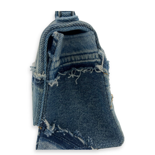 Hourglass Upcycled Patchwork Blue Top Handle Bag in Denim, Silver hardware