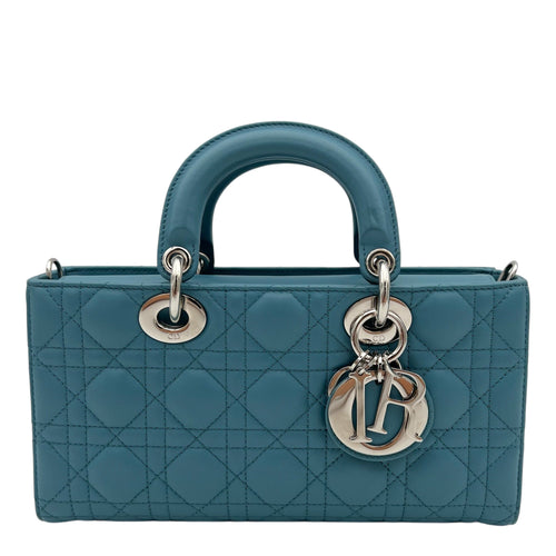 Lady D-Joy Medium Blue Top Handle Bag in Lambskin, Silver hardware