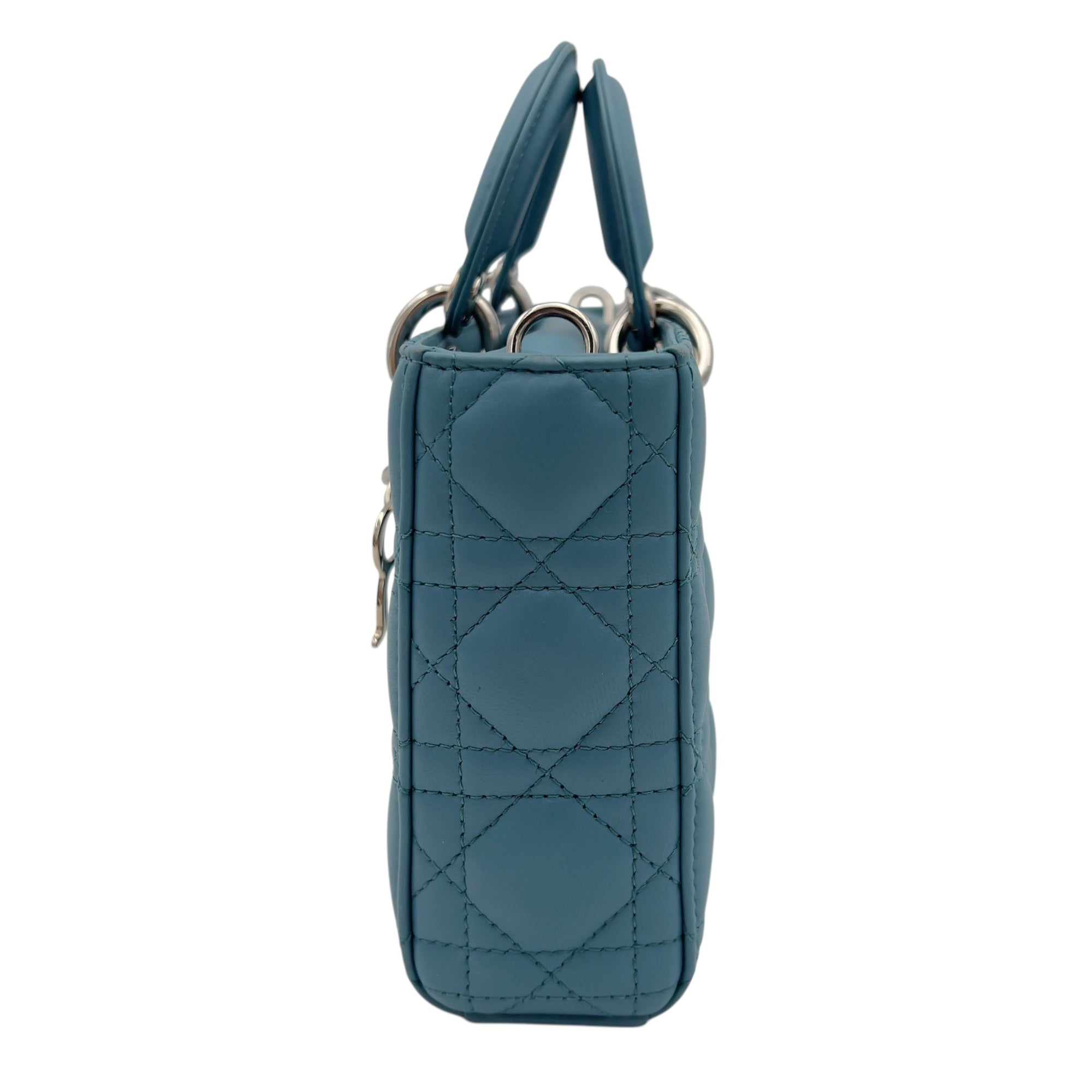Lady D-Joy Medium Blue Top Handle Bag in Lambskin, Silver hardware