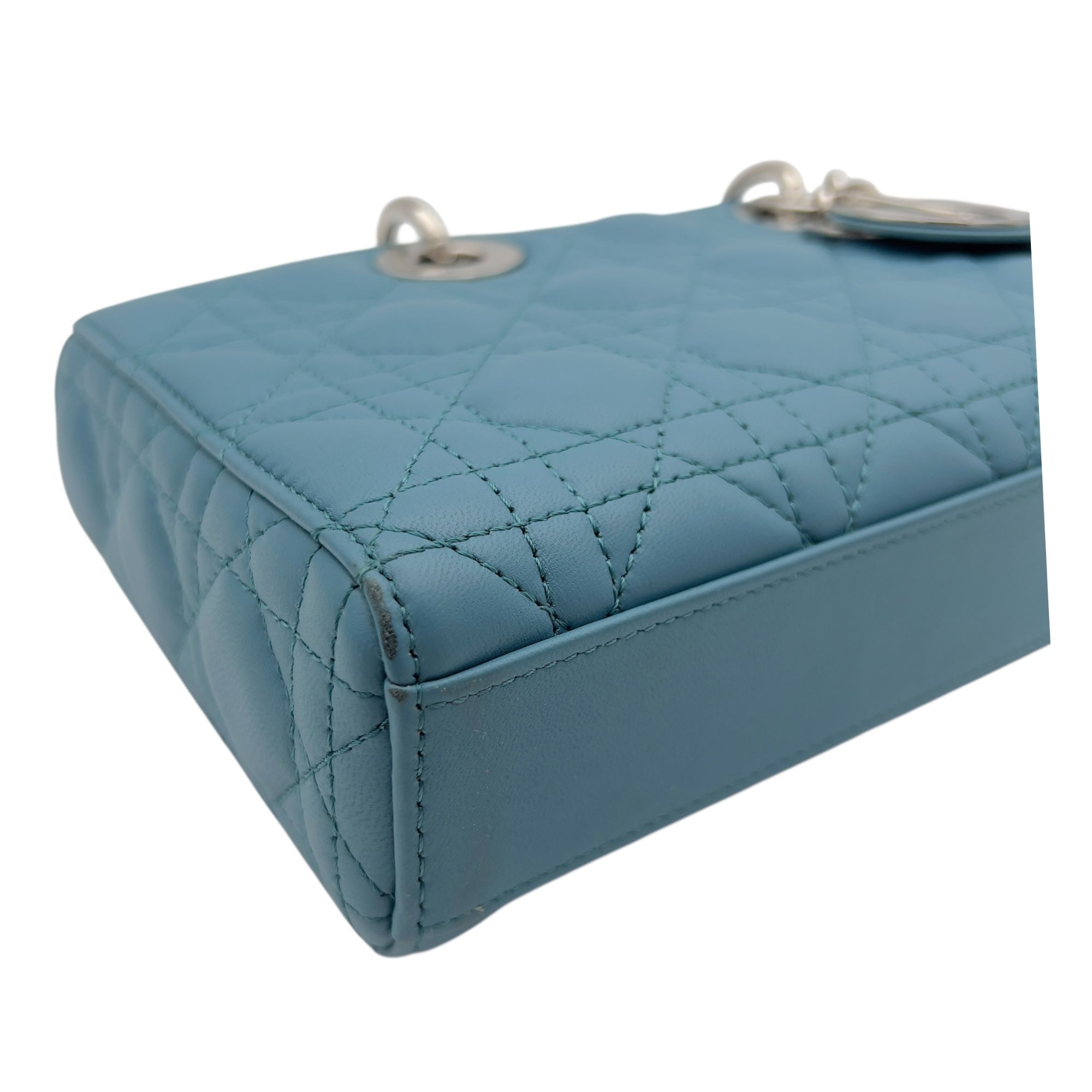 Lady D-Joy Medium Blue Top Handle Bag in Lambskin, Silver hardware